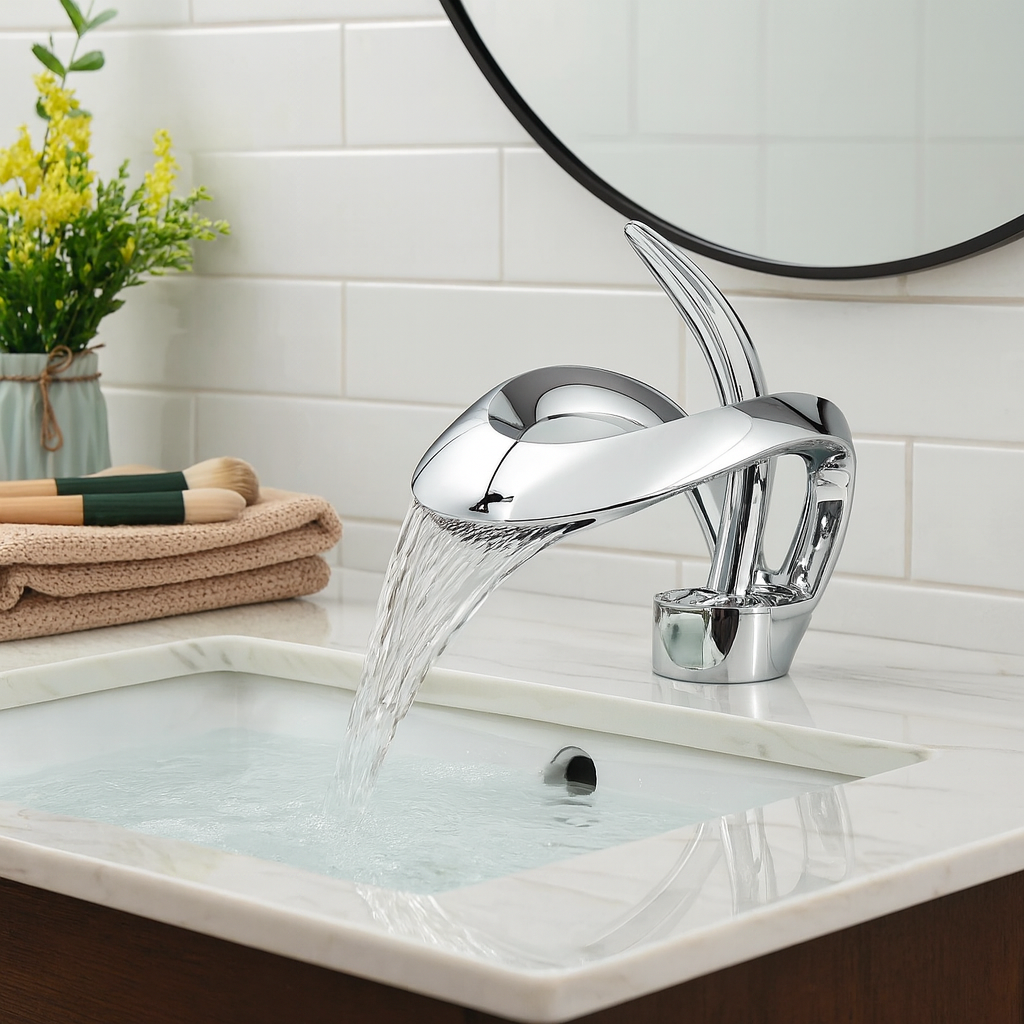 Zina – Mitigeur de salle de bain moderne en laiton – Bec courbé cascade – Design élégant et durable