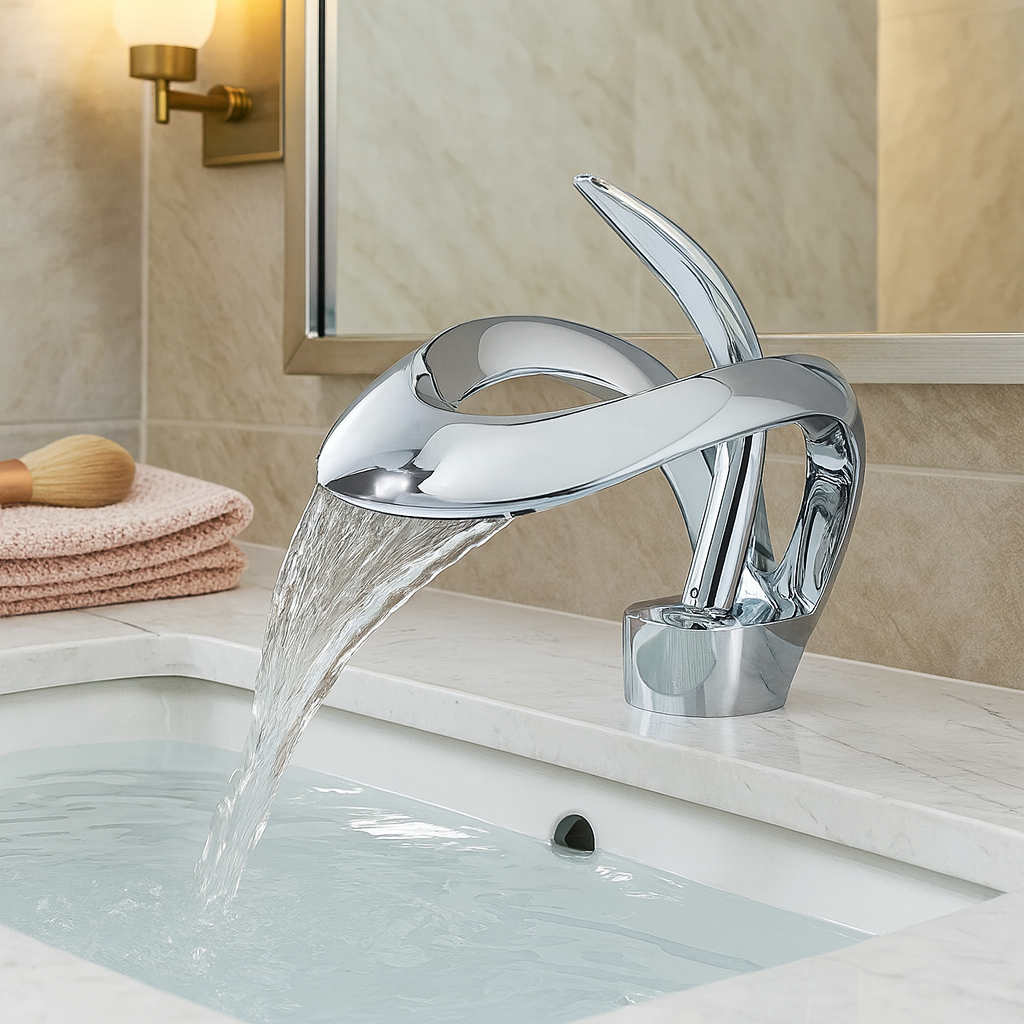 Zina – Mitigeur de salle de bain moderne en laiton – Bec courbé cascade – Design élégant et durable