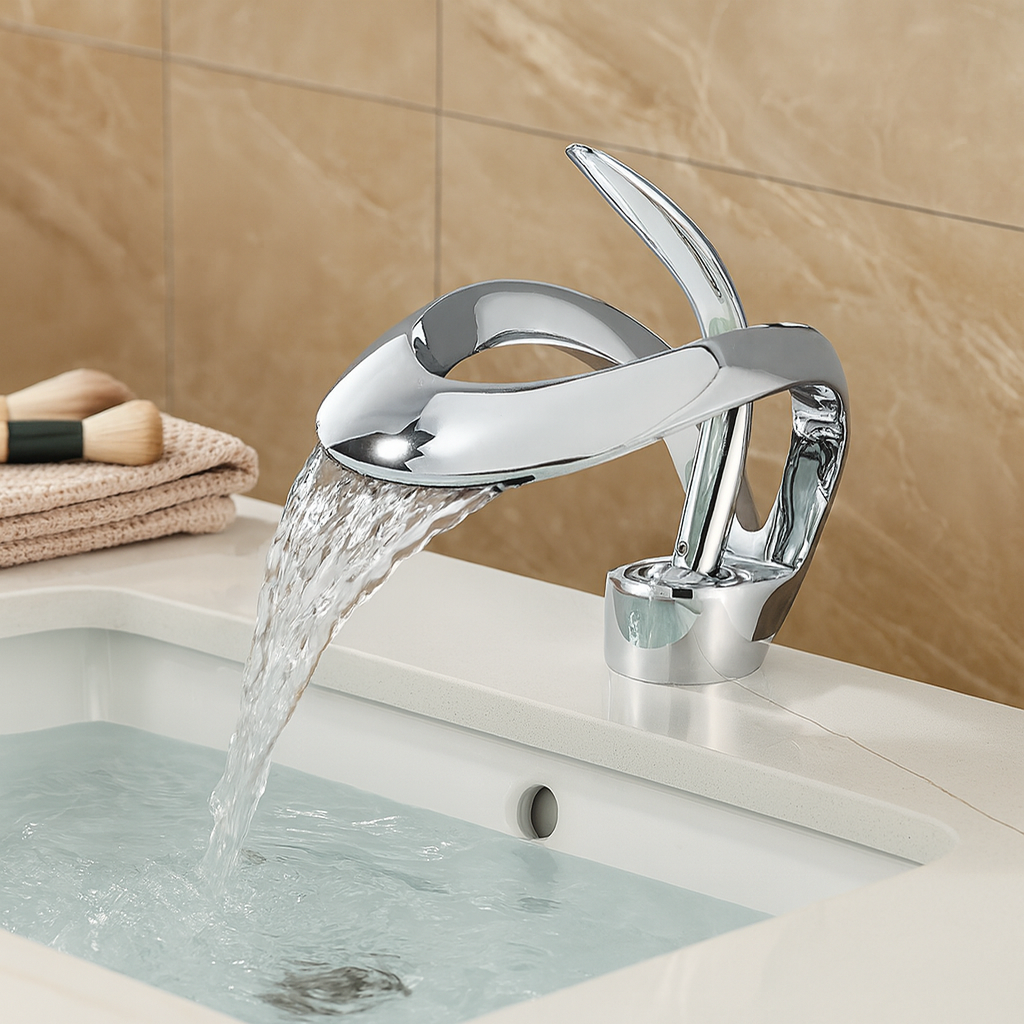 Zina – Mitigeur de salle de bain moderne en laiton – Bec courbé cascade – Design élégant et durable