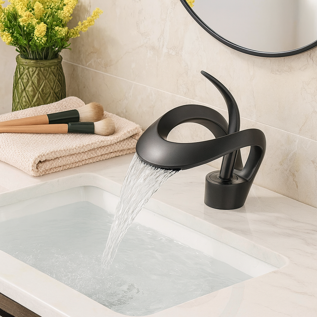 Zina – Mitigeur de salle de bain moderne en laiton – Bec courbé cascade – Design élégant et durable