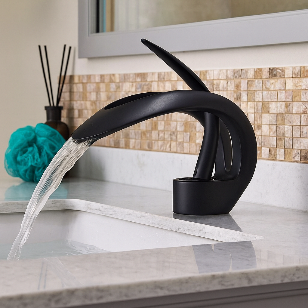 Zina – Mitigeur de salle de bain moderne en laiton – Bec courbé cascade – Design élégant et durable