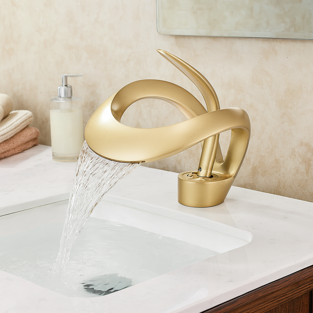 Zina – Mitigeur de salle de bain moderne en laiton – Bec courbé cascade – Design élégant et durable