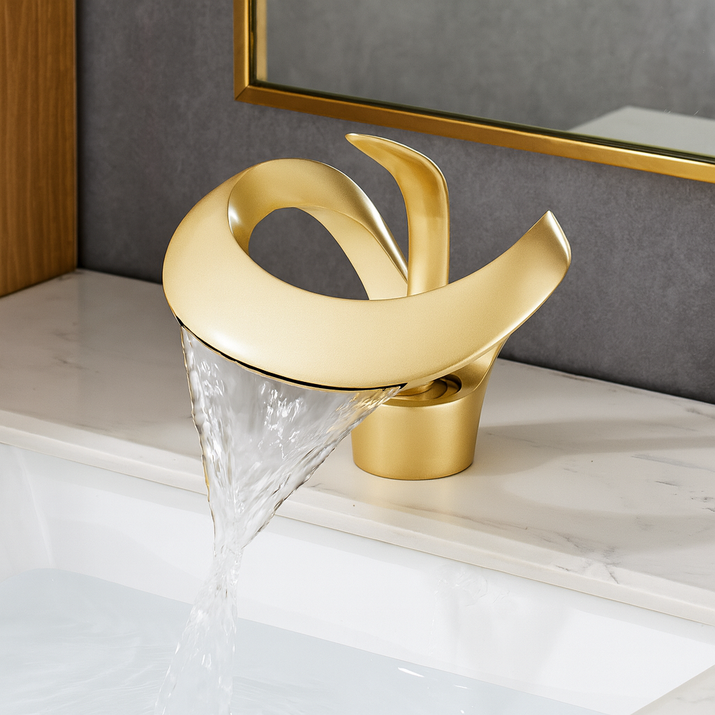 Zina – Mitigeur de salle de bain moderne en laiton – Bec courbé cascade – Design élégant et durable