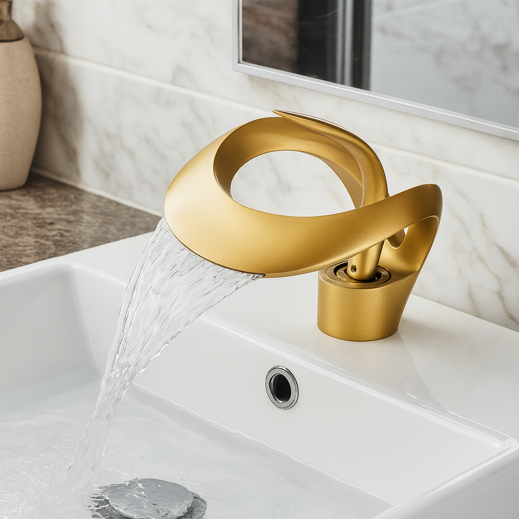 Zina – Mitigeur de salle de bain moderne en laiton – Bec courbé cascade – Design élégant et durable