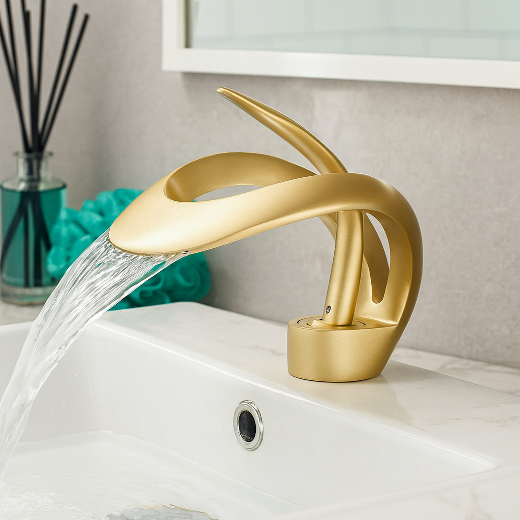 Zina – Mitigeur de salle de bain moderne en laiton – Bec courbé cascade – Design élégant et durable