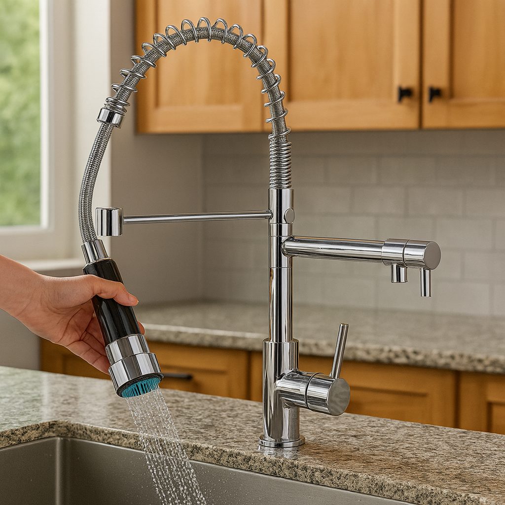 Aquafusion – Mitigeur de cuisine moderne – Double bec – Noir et laiton doré