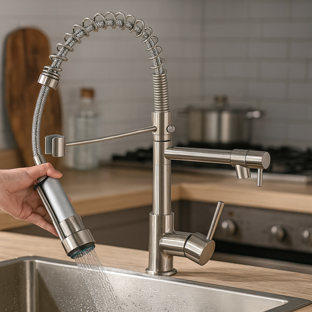 Aquafusion – Mitigeur de cuisine moderne – Double bec – Noir et laiton doré