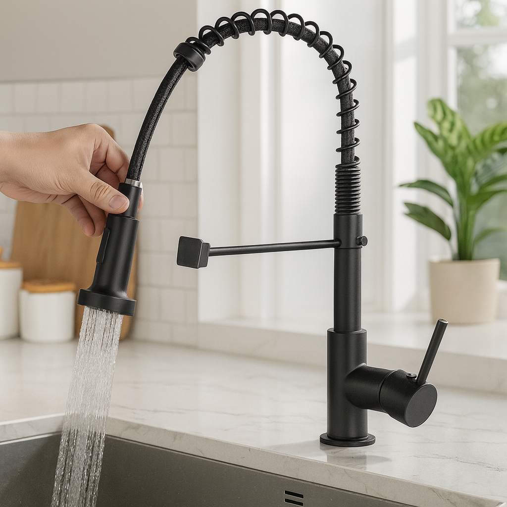 Aquafusion – Mitigeur de cuisine moderne – Double bec – Noir et laiton doré