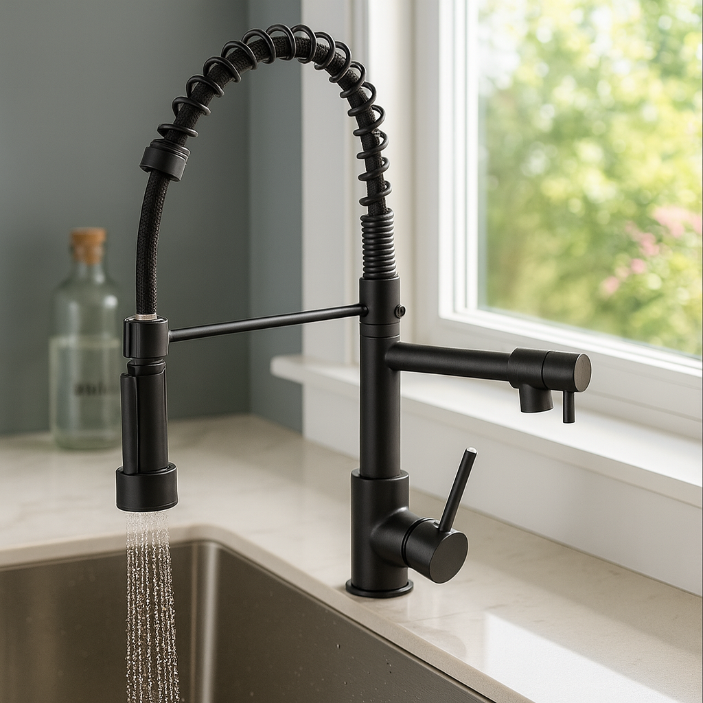 Aquafusion – Mitigeur de cuisine moderne – Double bec – Noir et laiton doré