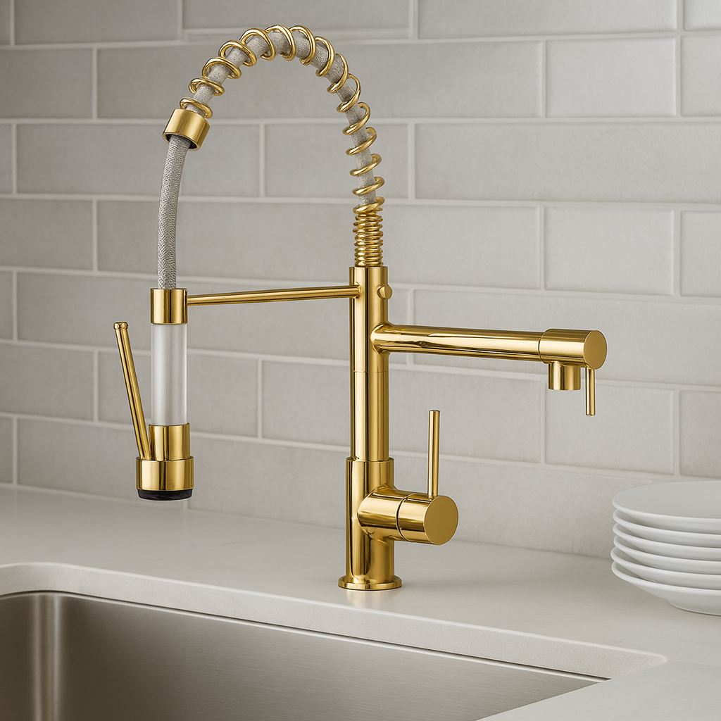 Aquafusion – Mitigeur de cuisine moderne – Double bec – Noir et laiton doré