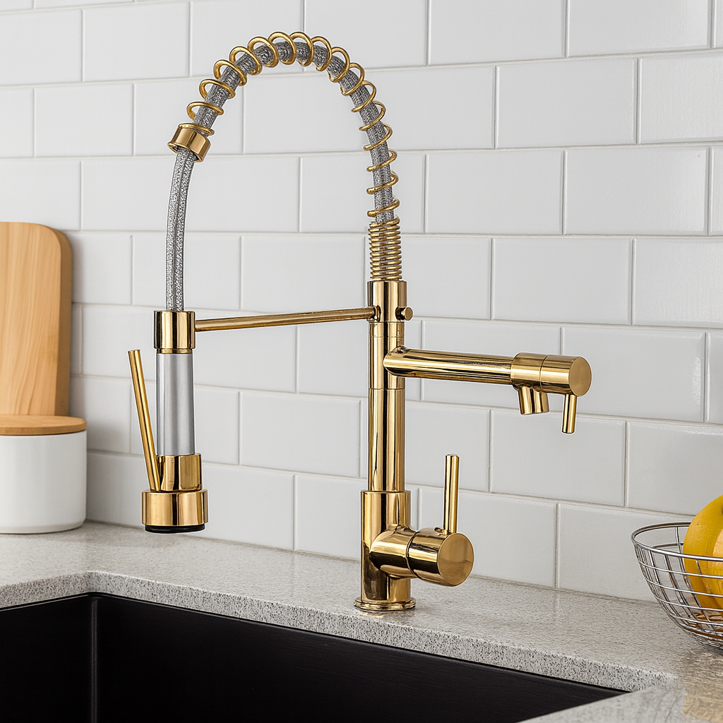 Aquafusion – Mitigeur de cuisine moderne – Double bec – Noir et laiton doré