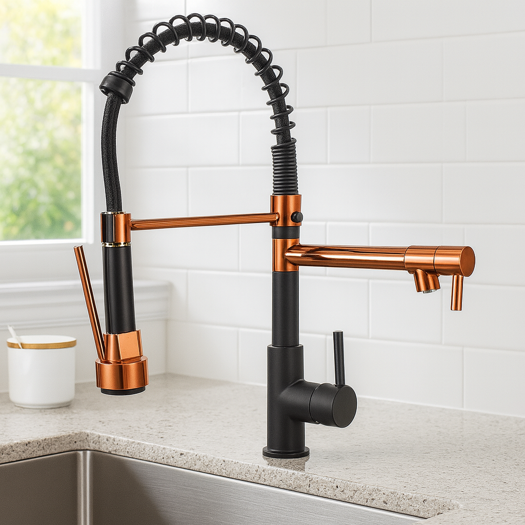 Aquafusion – Mitigeur de cuisine moderne – Double bec – Noir et laiton doré