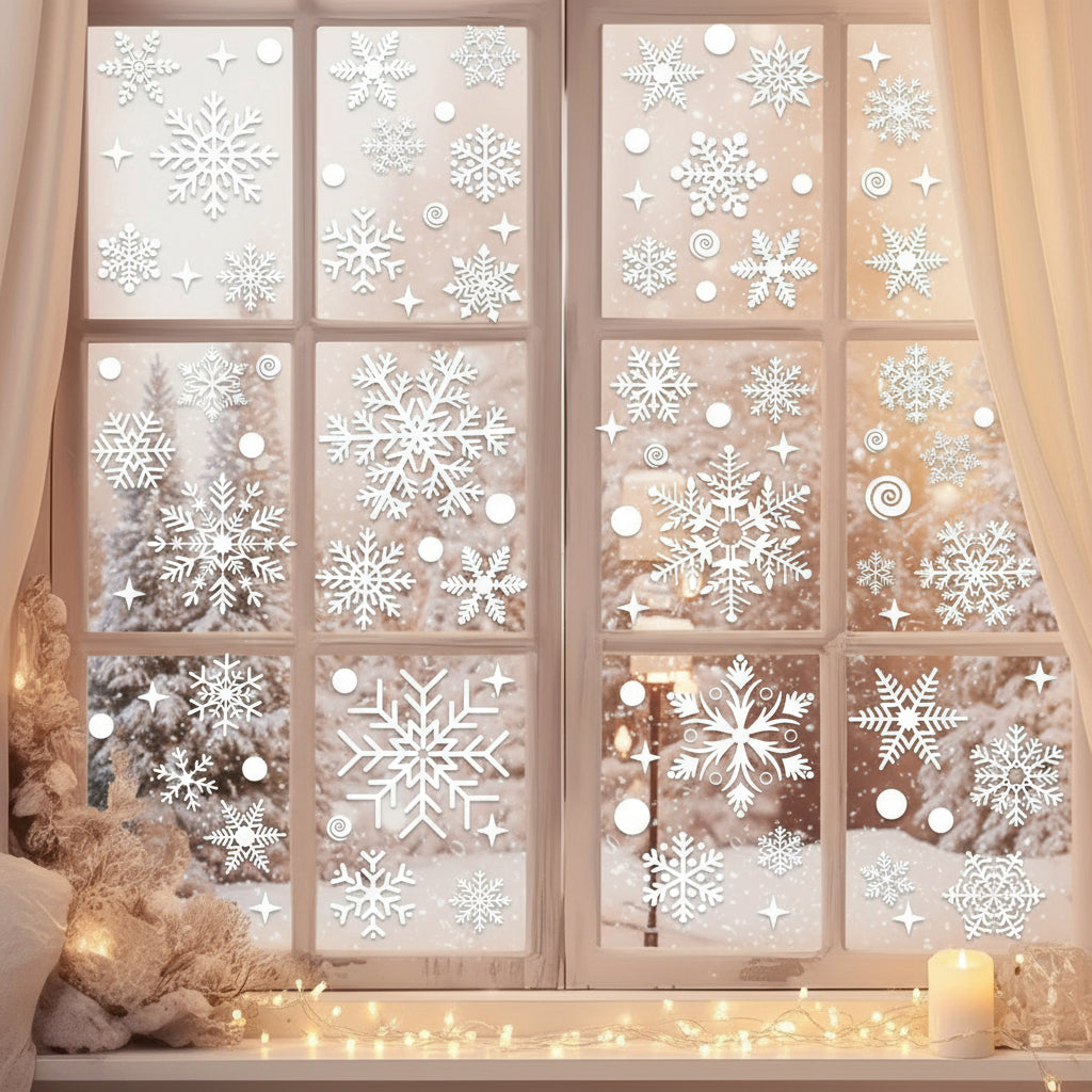 Autocollants de fenêtre flocons de neige – 4 feuilles / 137 pièces – Plastique statique réutilisable – Semi-brillant – Décoration Noël et hiver
