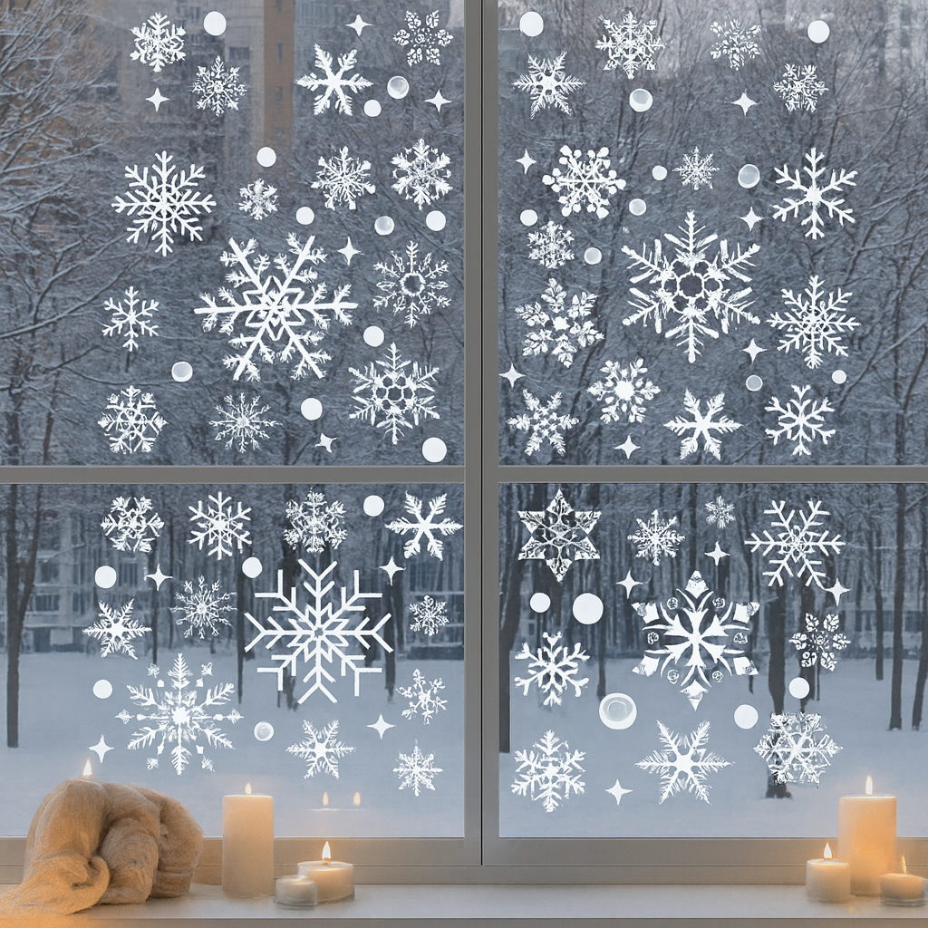Autocollants de fenêtre flocons de neige – 4 feuilles / 137 pièces – Plastique statique réutilisable – Semi-brillant – Décoration Noël et hiver