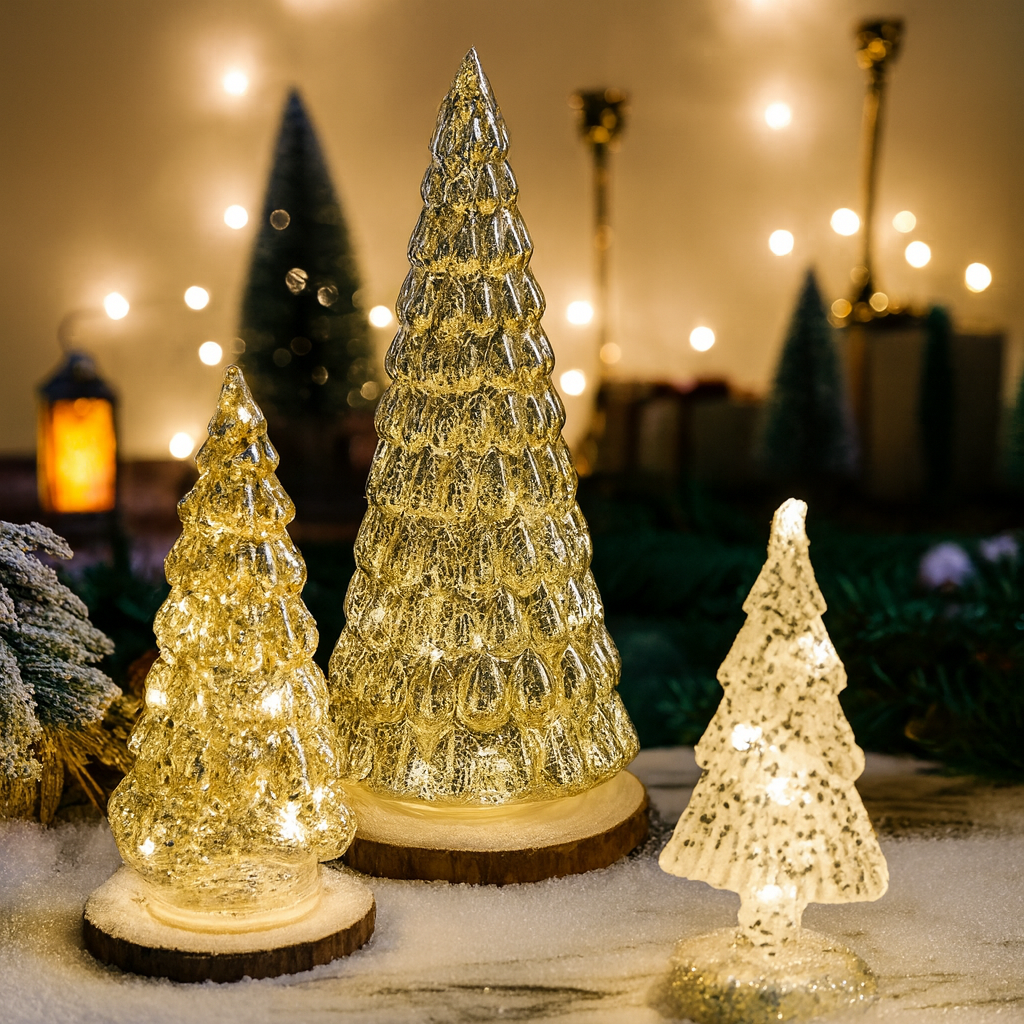 Lampe de Noël en verre lumineux – Arbre LED décoratif – Veilleuse festive – Cadeau enfants – Décoration de bureau et maison