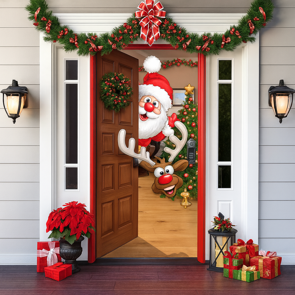 Décoration de porte pour Noël 2025 - Rideau festif avec le Père Noël, des bonhommes en pain d'épice et des sapins - Polyester - 90 × 200 cm