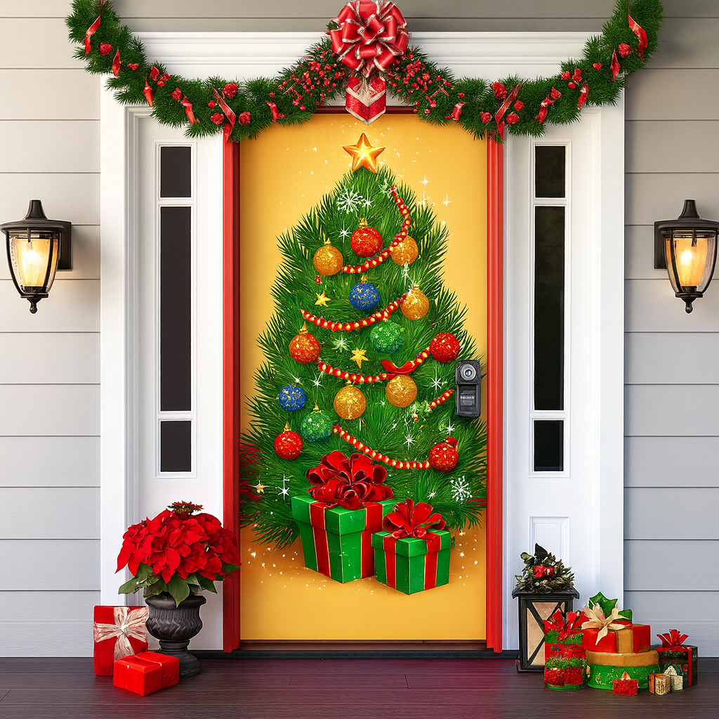 Décoration de porte pour Noël 2025 - Rideau festif avec le Père Noël, des bonhommes en pain d'épice et des sapins - Polyester - 90 × 200 cm