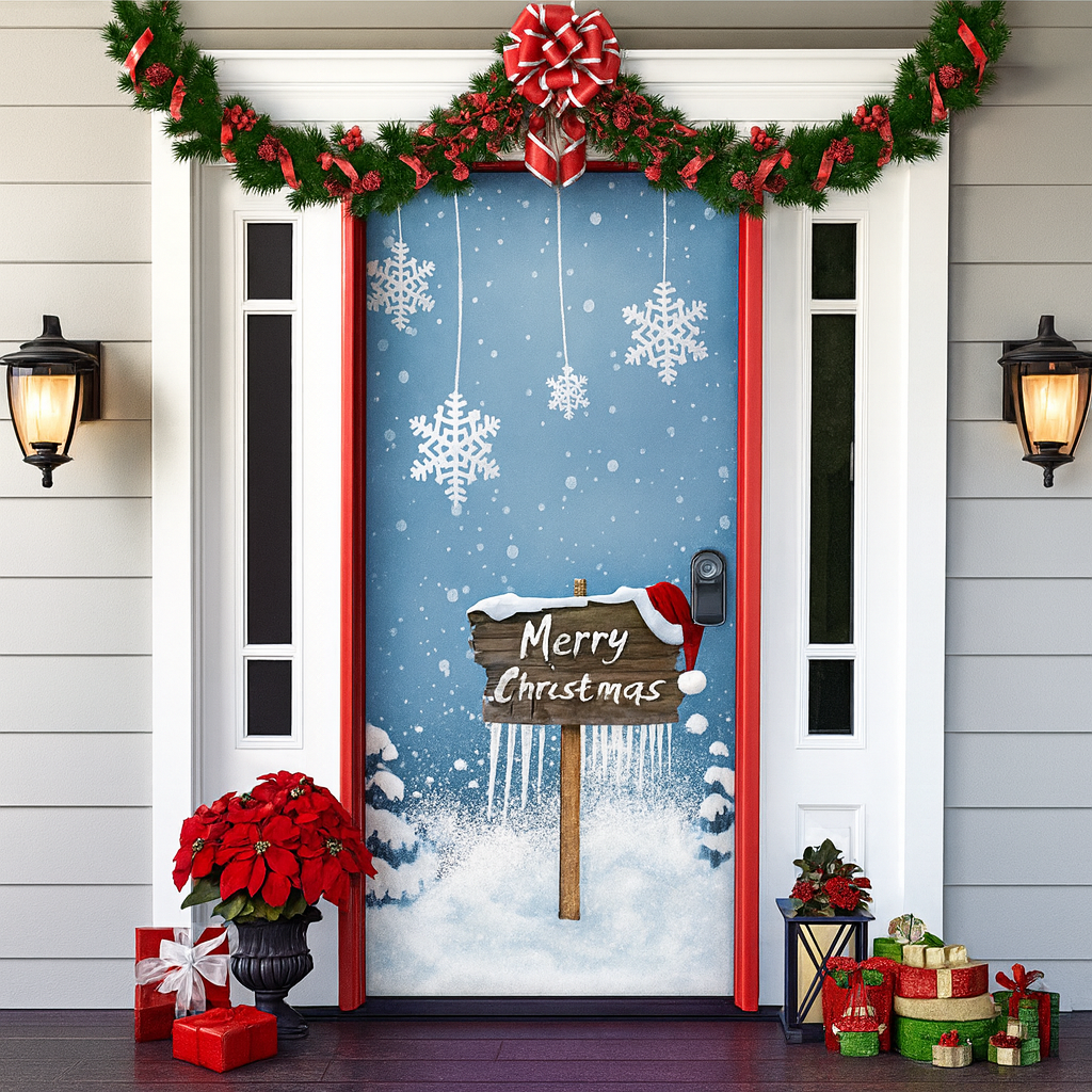 Décoration de porte pour Noël 2025 - Rideau festif avec le Père Noël, des bonhommes en pain d'épice et des sapins - Polyester - 90 × 200 cm