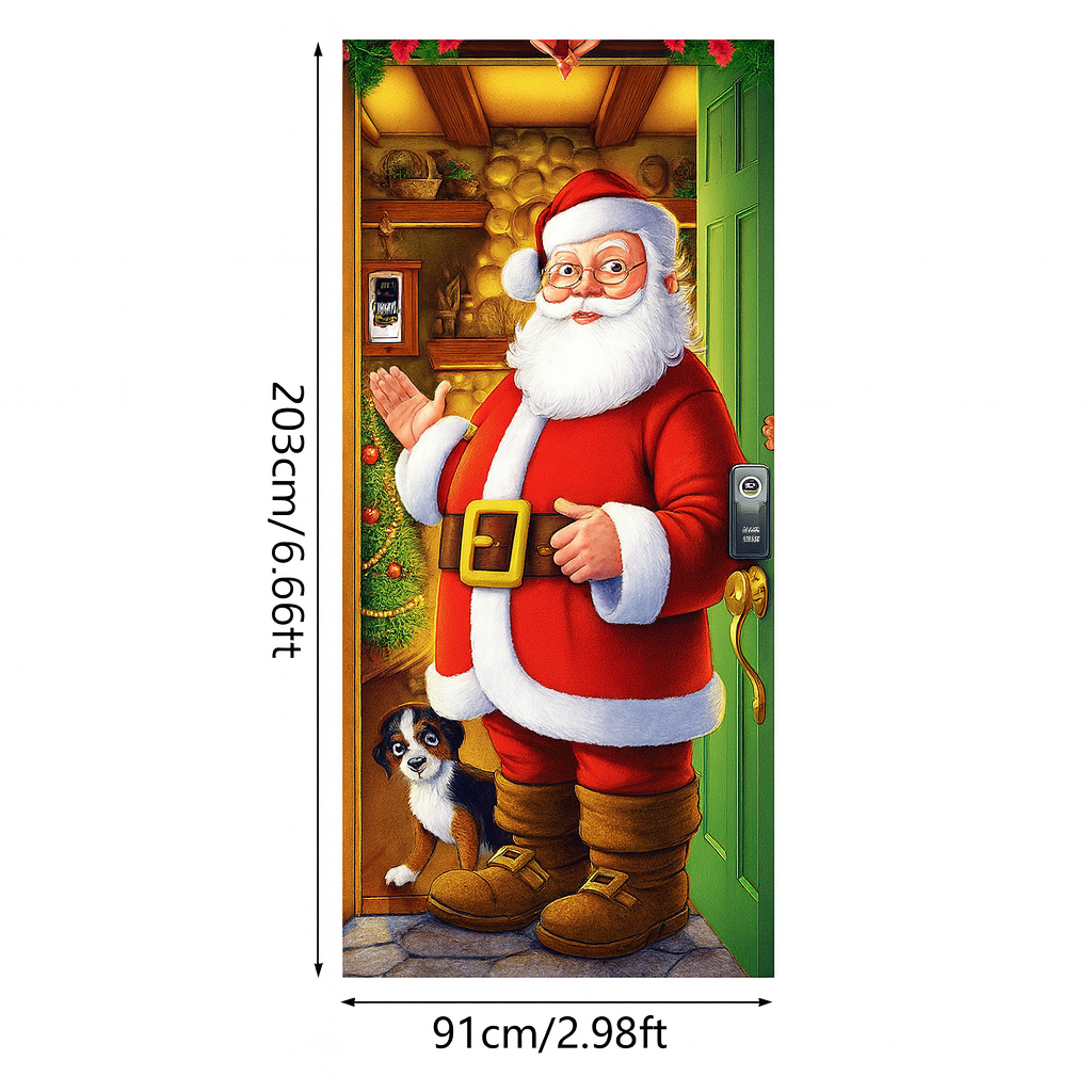 Décoration de porte pour Noël 2025 - Rideau festif avec le Père Noël, des bonhommes en pain d'épice et des sapins - Polyester - 90 × 200 cm