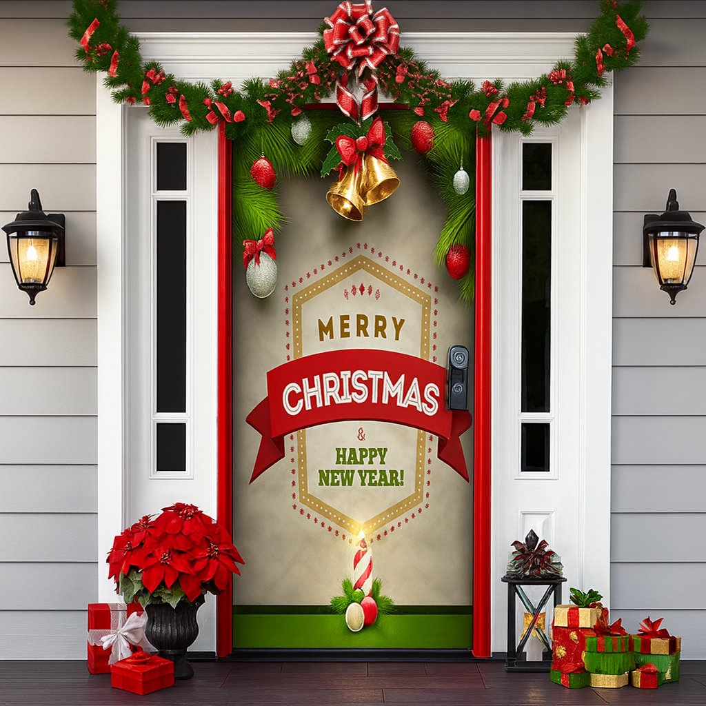 Décoration de porte pour Noël 2025 - Rideau festif avec le Père Noël, des bonhommes en pain d'épice et des sapins - Polyester - 90 × 200 cm