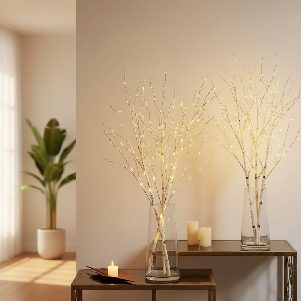 Guirlande LED branche de bouleau blanc – Lumières décoratives à piles – Blanc chaud – 72 cm – Intérieur et extérieur – Mariage et Noël