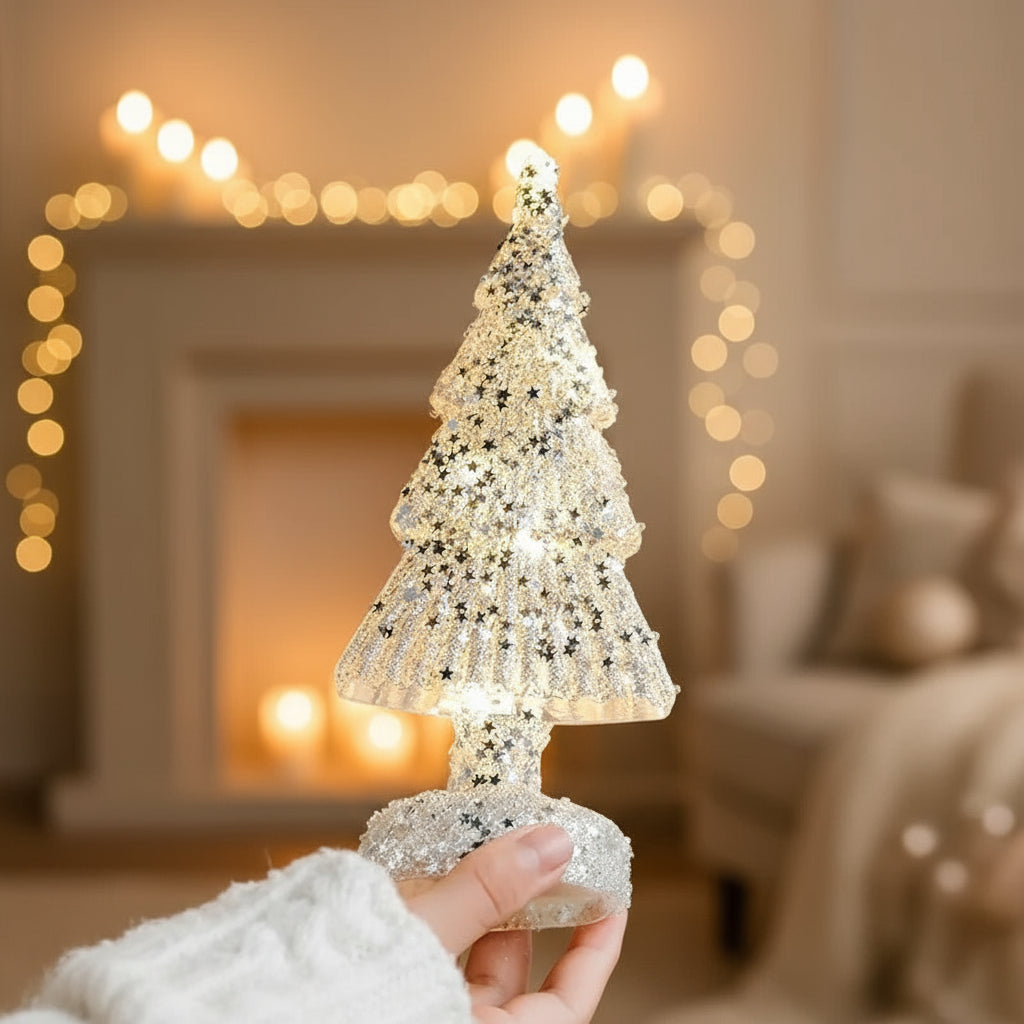 Lampe de Noël en verre lumineux – Arbre LED décoratif – Veilleuse festive – Cadeau enfants – Décoration de bureau et maison