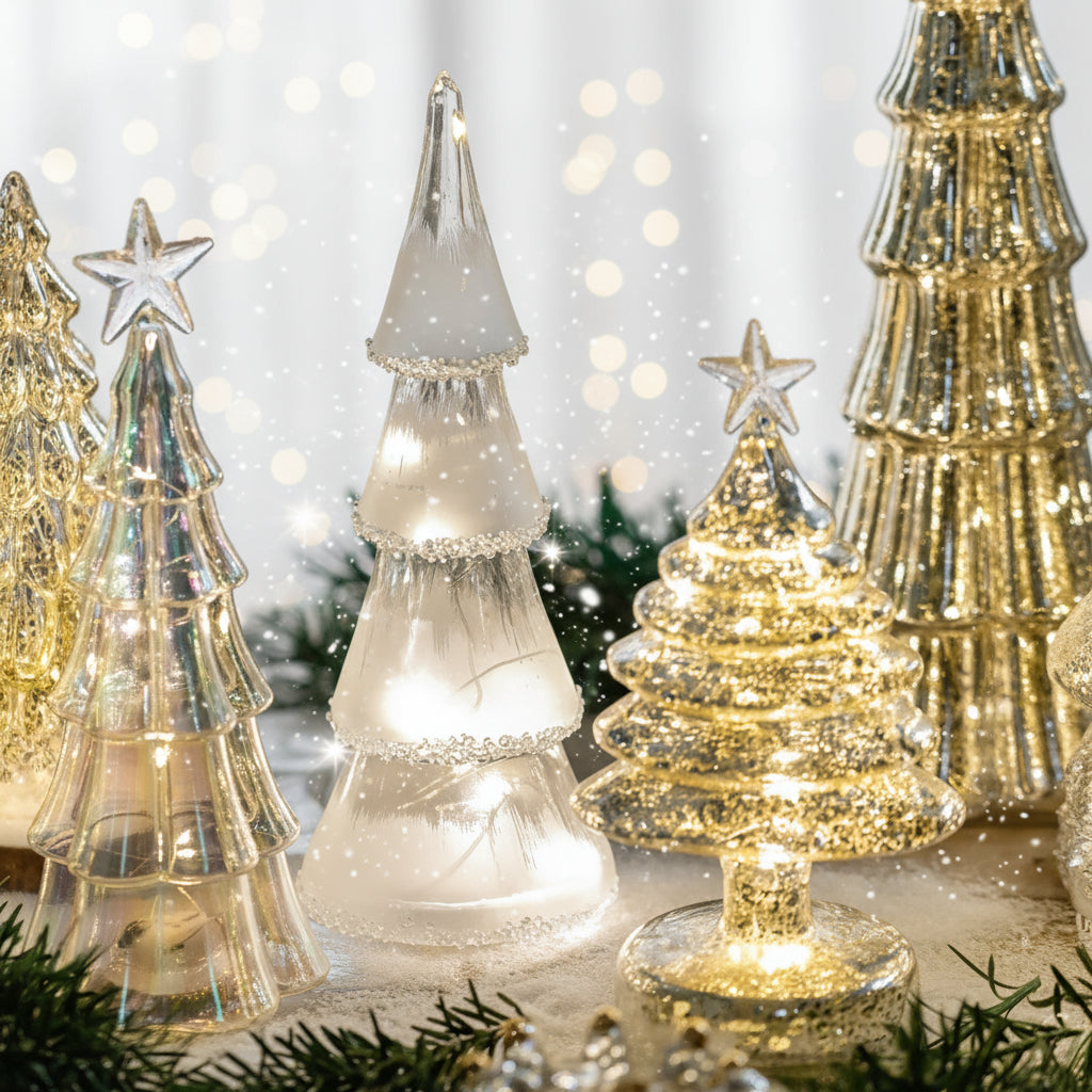 Lampe de Noël en verre lumineux – Arbre LED décoratif – Veilleuse festive – Cadeau enfants – Décoration de bureau et maison