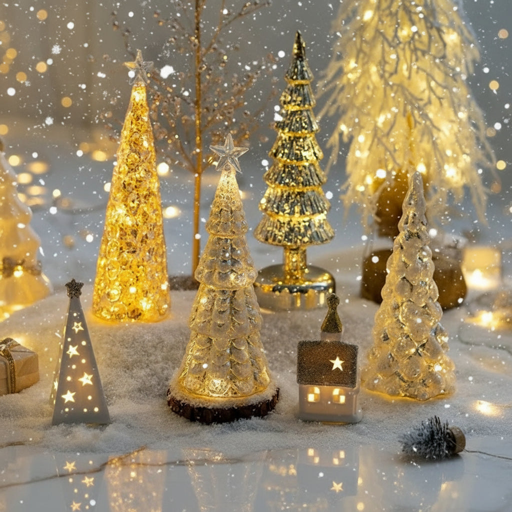 Lampe de Noël en verre lumineux – Arbre LED décoratif – Veilleuse festive – Cadeau enfants – Décoration de bureau et maison