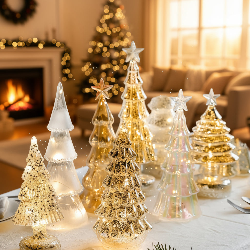 Lampe de Noël en verre lumineux – Arbre LED décoratif – Veilleuse festive – Cadeau enfants – Décoration de bureau et maison