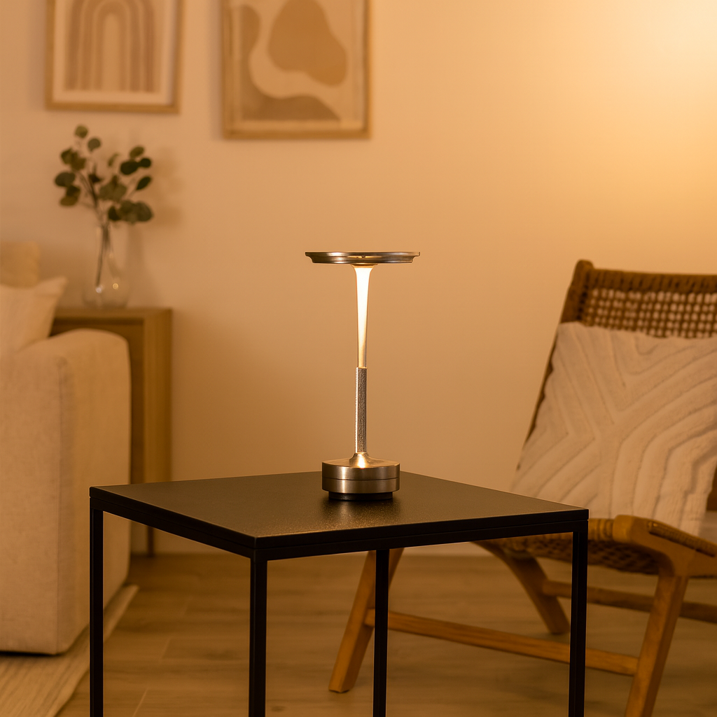 Maison Elvion – Lampe de table LED moderne – Finition or, argent et noir – Commande tactile à 3 niveaux de luminosité – Rechargeable par USB-C – Design en aluminium durable