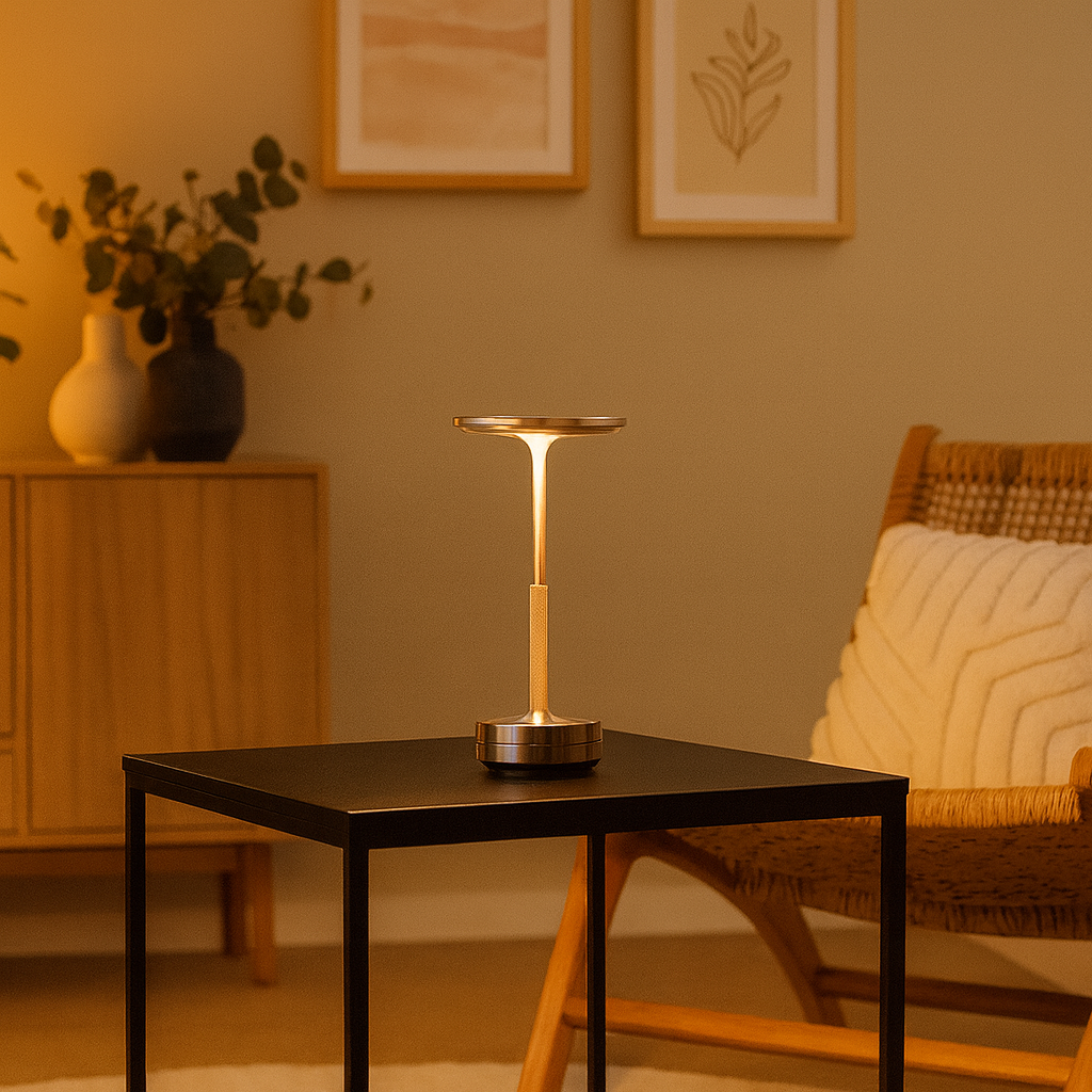 Maison Elvion – Lampe de table LED moderne – Finition or, argent et noir – Commande tactile à 3 niveaux de luminosité – Rechargeable par USB-C – Design en aluminium durable