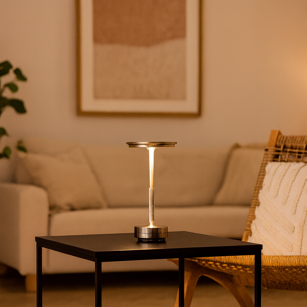 Maison Elvion – Lampe de table LED moderne – Finition or, argent et noir – Commande tactile à 3 niveaux de luminosité – Rechargeable par USB-C – Design en aluminium durable