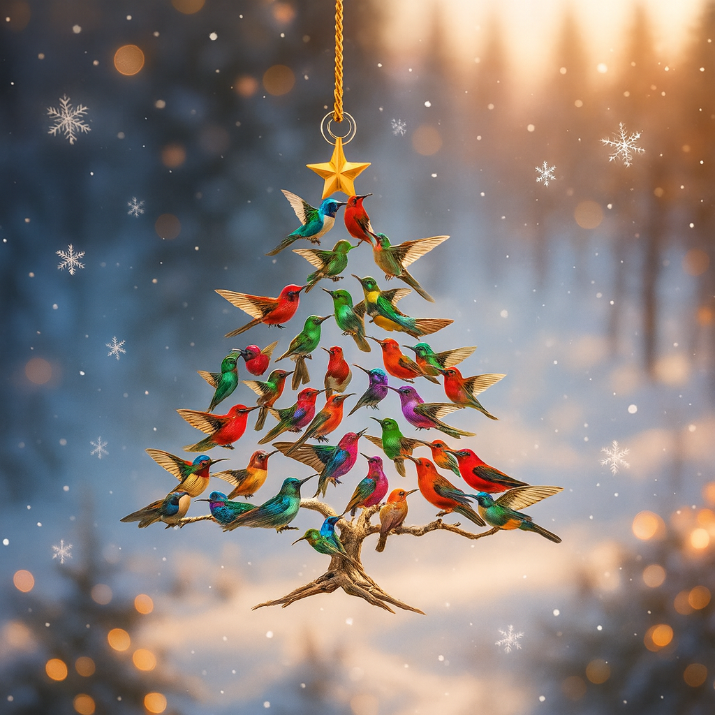 Ornement de Noël en acrylique 2D – Colibri – Double face – Cristal léger – 4 × 4 inches – Décoration arbre, fenêtre et table