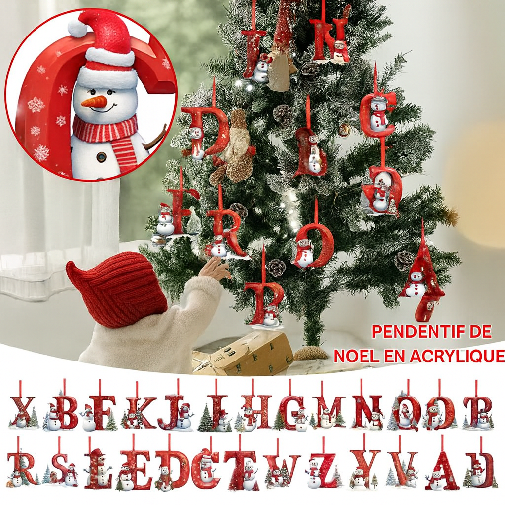 Ornements lettres de Noël en acrylique A-Z – 26 pièces – Suspendus pour arbre, décoration intérieure et festive – Noël 2025