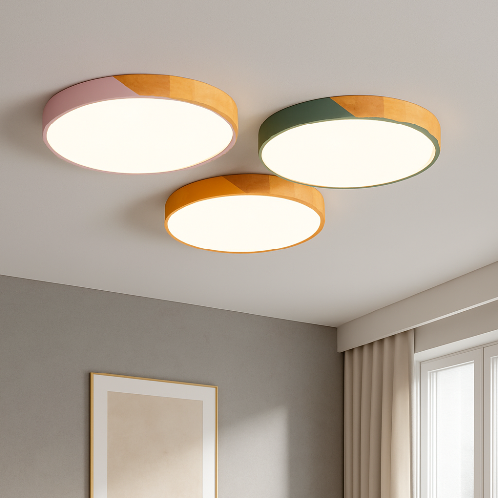 Plafonnier LED en bois – Design scandinave naturel – Éclairage blanc froid – Structure bois et acrylique – Ø 23 cm ou Ø 30 cm – Installation plafond facile