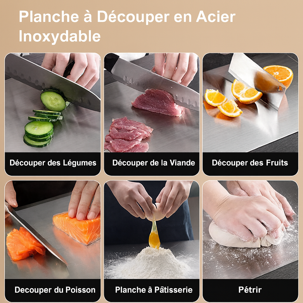 Planche à découper double face en acier inoxydable – Revêtement titane – Durable, hygiénique et facile à nettoyer – Idéale pour la préparation et la conservation des aliments