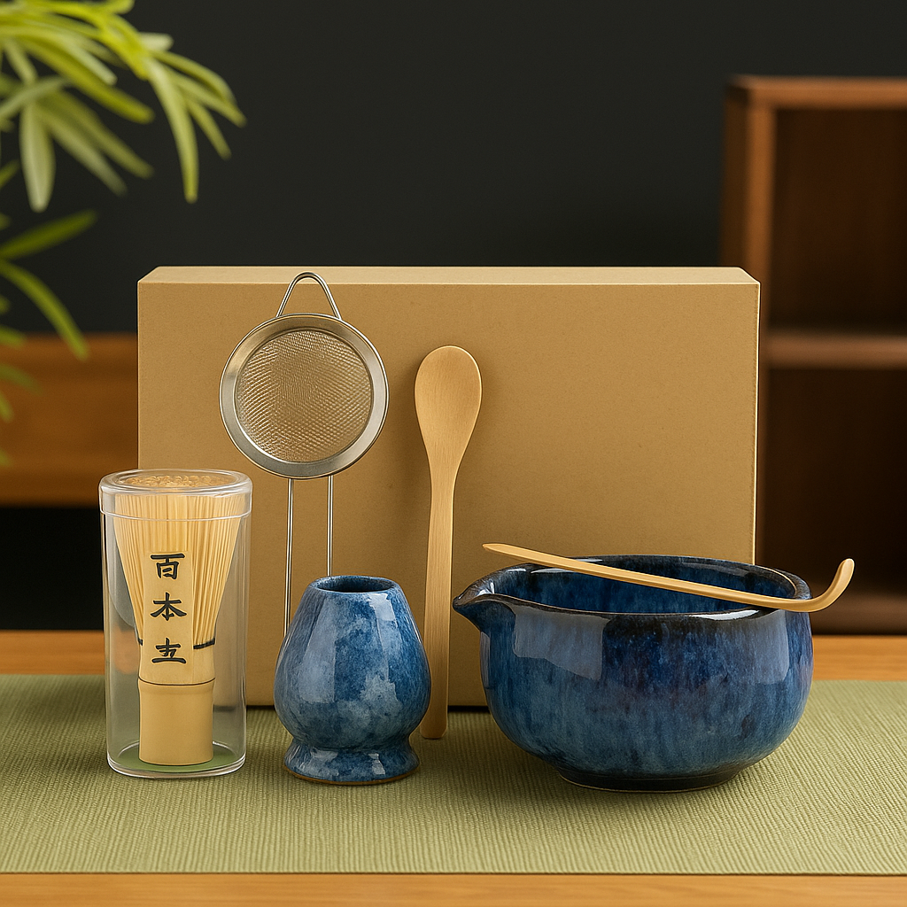 Set de cérémonie du thé matcha – 6 pièces – Bol, fouet, cuillère, cuillère doseuse, tamis et support – Céramique bleu texturé