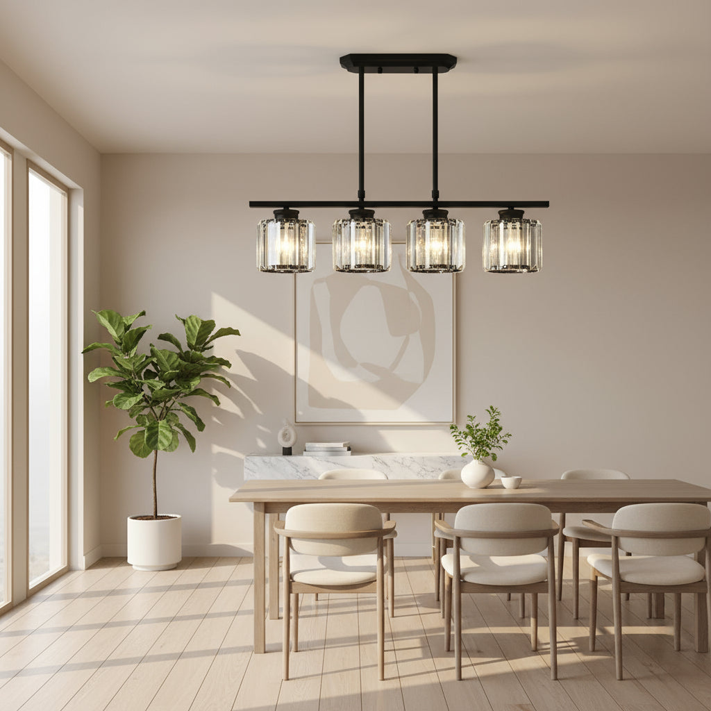 Maison Elvion – Suspension design nordique à plusieurs têtes – Verre et fer – Éclairage moderne pour îlot de cuisine, salle à manger ou salon – 3 ou 4 lampes réglables