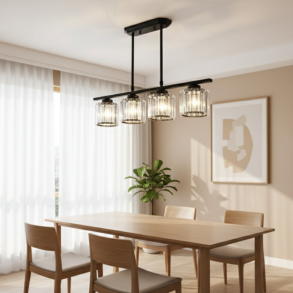 Maison Elvion – Suspension design nordique à plusieurs têtes – Verre et fer – Éclairage moderne pour îlot de cuisine, salle à manger ou salon – 3 ou 4 lampes réglables