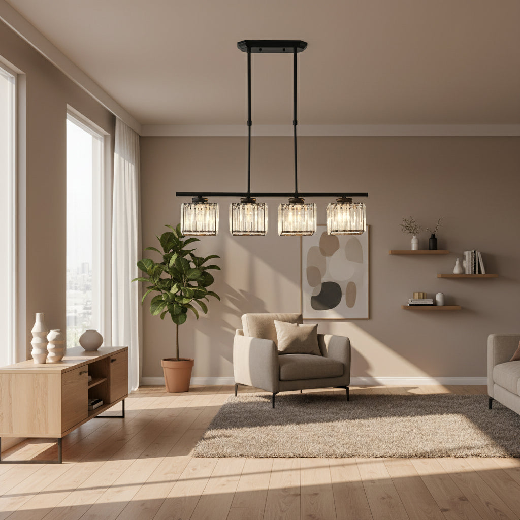 Maison Elvion – Suspension design nordique à plusieurs têtes – Verre et fer – Éclairage moderne pour îlot de cuisine, salle à manger ou salon – 3 ou 4 lampes réglables