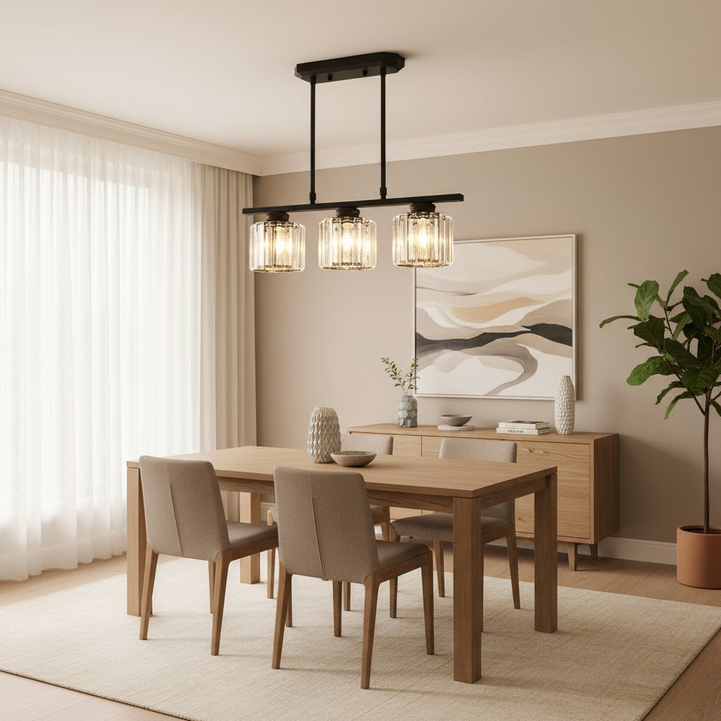 Maison Elvion – Suspension design nordique à plusieurs têtes – Verre et fer – Éclairage moderne pour îlot de cuisine, salle à manger ou salon – 3 ou 4 lampes réglables