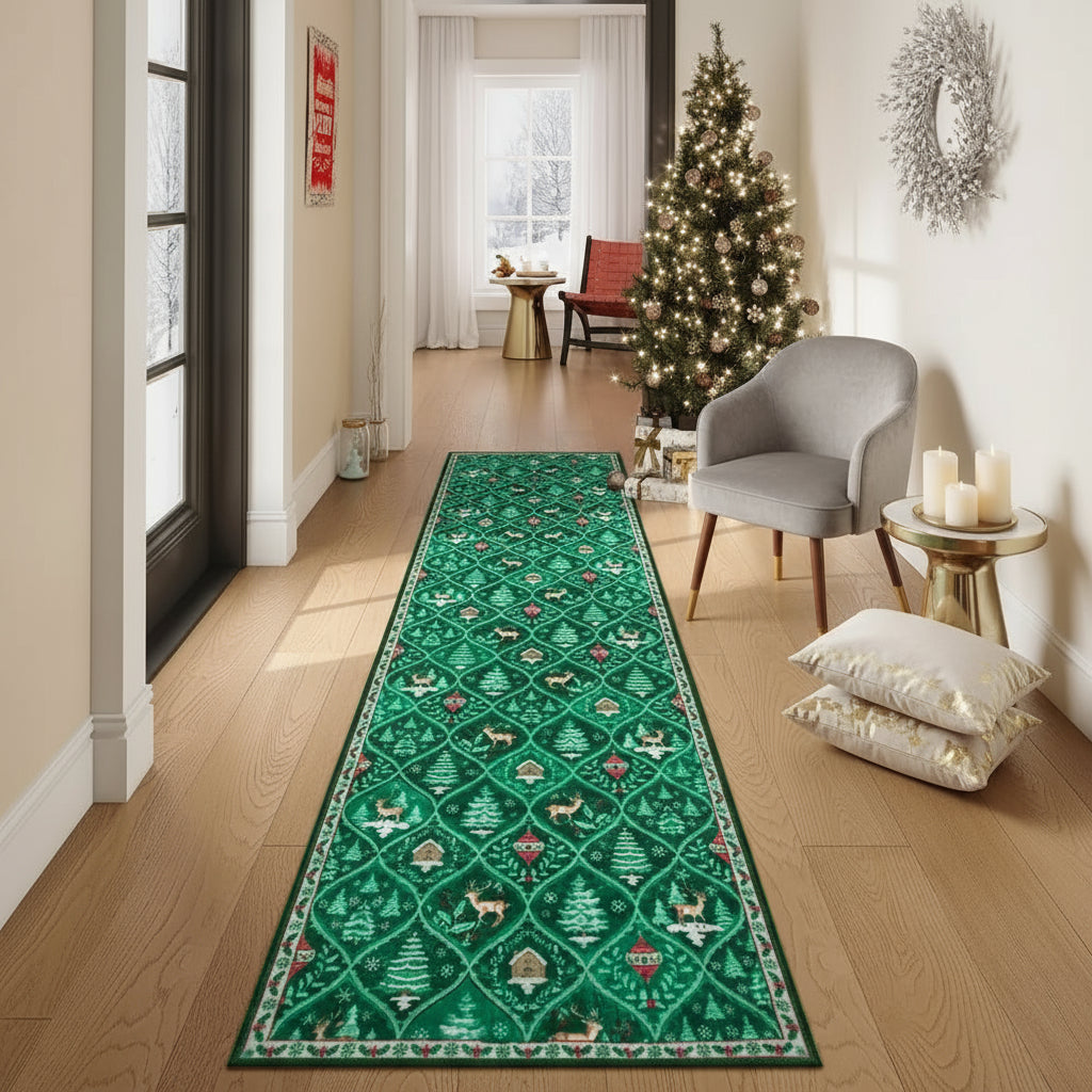 Tapis de couloir de Noël – Rouge festif – Fausses fibres de laine ultra-douces – Dos antidérapant TPE – Lavable en machine – Sécurisé enfants et animaux