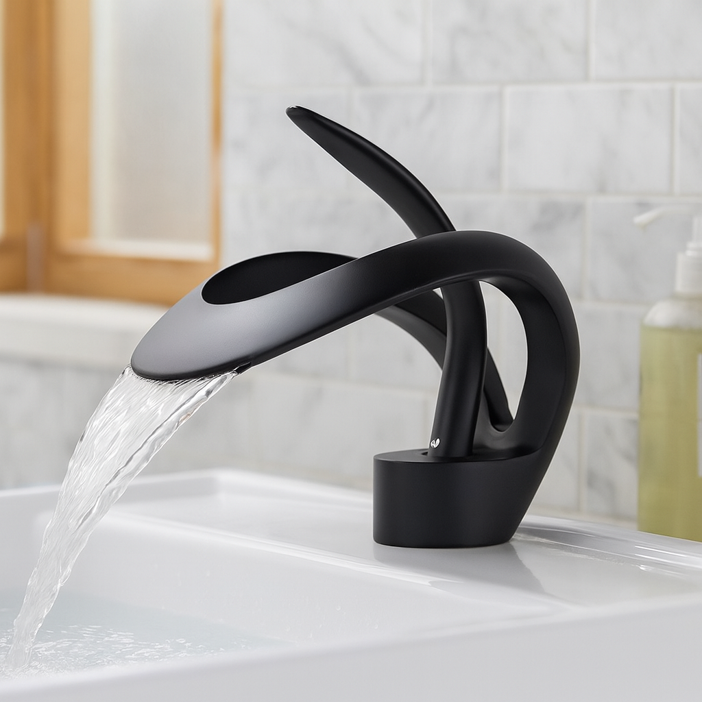 Zina – Mitigeur de salle de bain moderne en laiton – Bec courbé cascade – Design élégant et durable