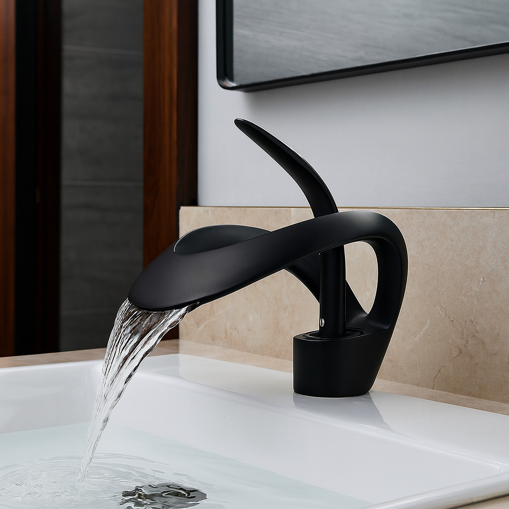 Zina – Mitigeur de salle de bain moderne en laiton – Bec courbé cascade – Design élégant et durable