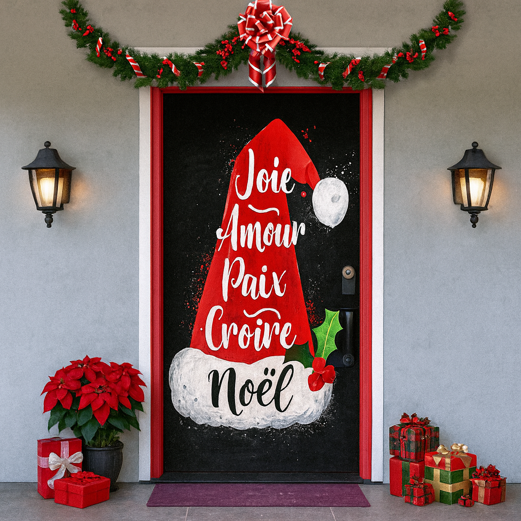 Décoration de porte pour Noël 2025 - Rideau festif avec le Père Noël, des bonhommes en pain d'épice et des sapins - Polyester - 90 × 200 cm